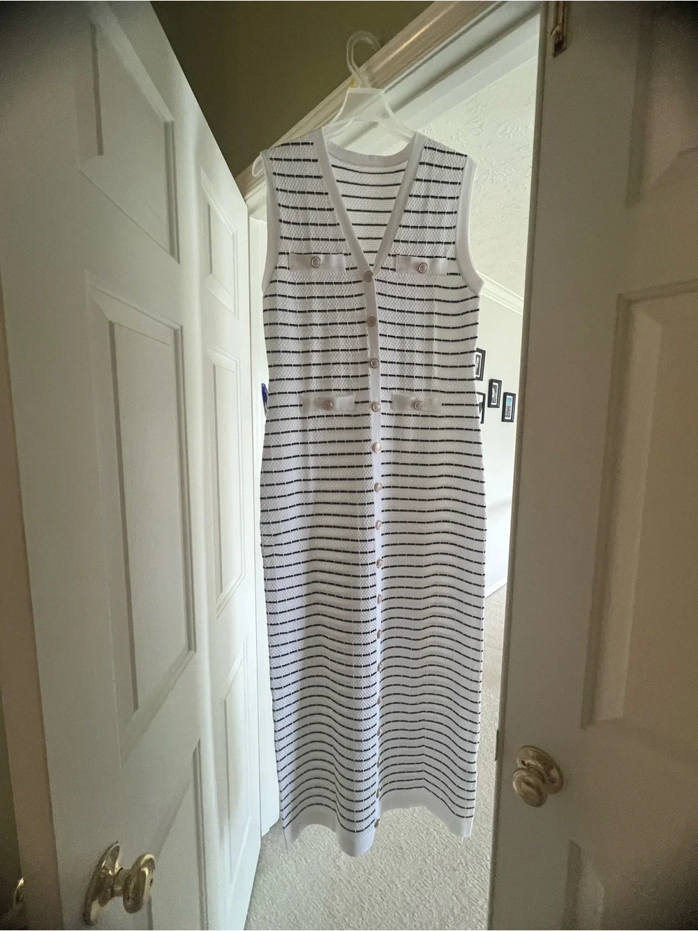 Sleeveless White and black Striped Button-Front Maxi Dress - Picture 2 of 3